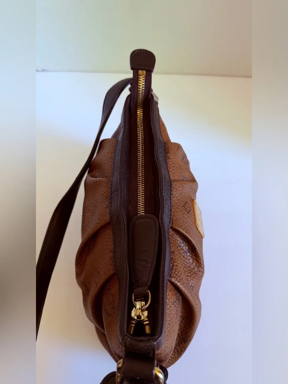 MCM Cognac Logo-Print Leather Shoulder Bag with Gold Plaque